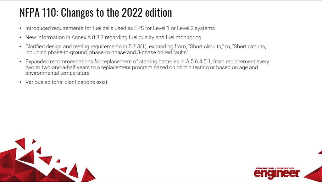The 2022 edition of NFPA 110: Standard for Emergency and Standby Power Systems included several changes. Courtesy: Consulting-Specifying Engineer