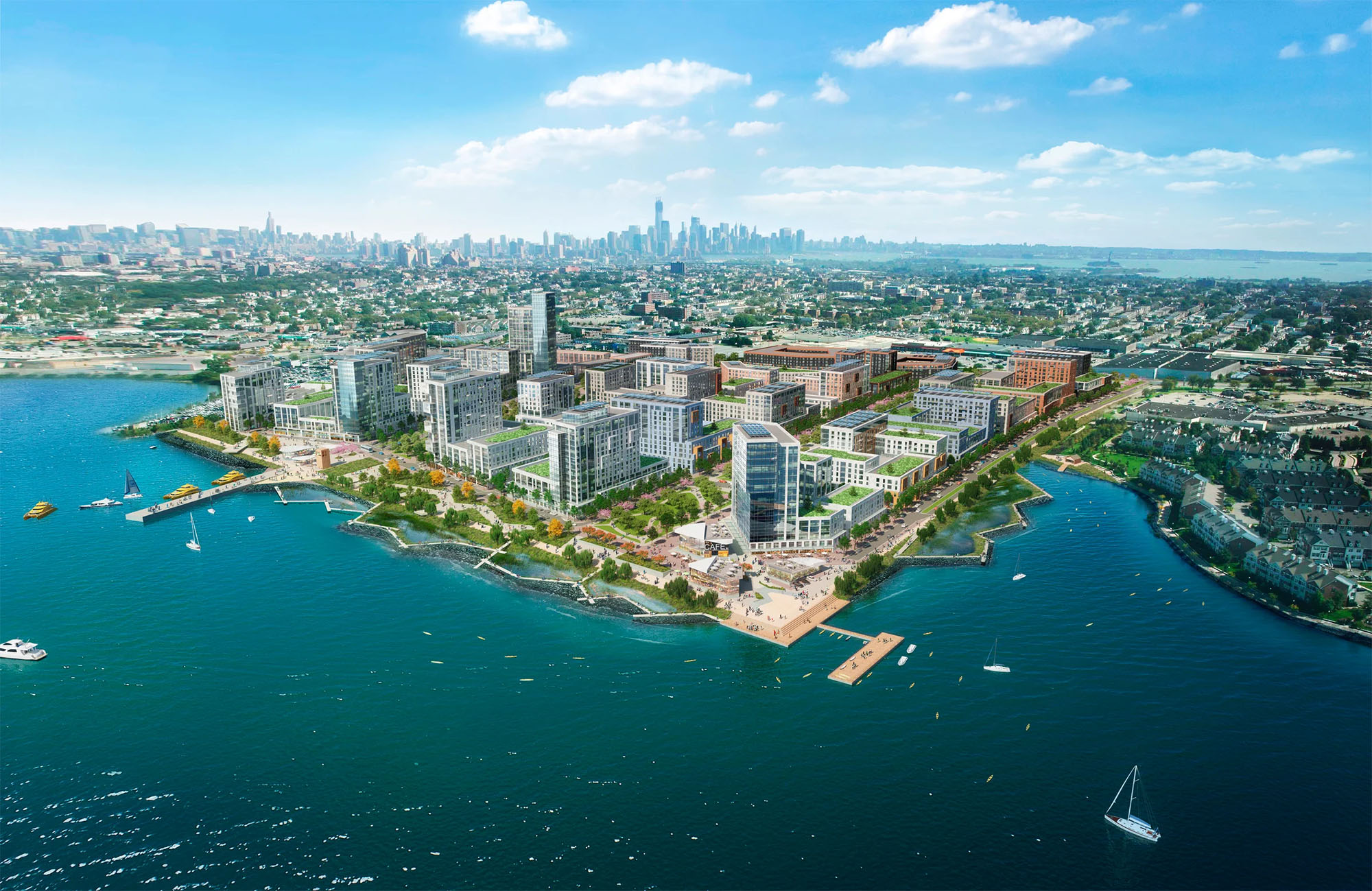 A rendering of the anticipated Bayfront development in Jersey City, NJ, on the banks of the Hackensack River.