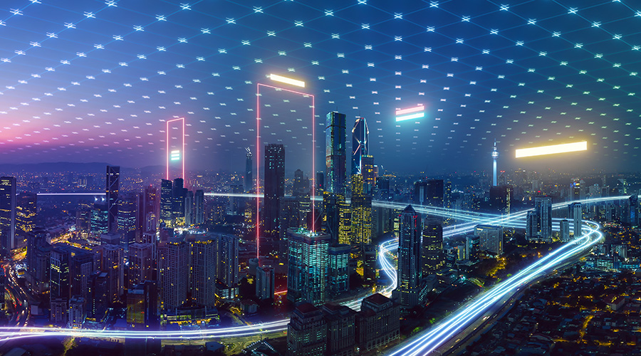 city skyline at night with light streaks