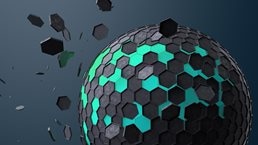 Image of a spinning sphere with dark hexagon shapes pealing off and floating away revealing a green sphere underneath.